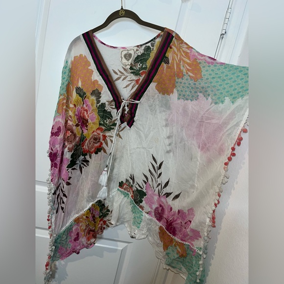 Z&L Europe Floral Textured Pom-Pom Open Front Pattern Airy Caftan Cover Up Sz L